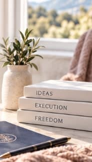 A sunlit desk with a plant, a notebook and books labelled Ideas, Execution and Freedom.